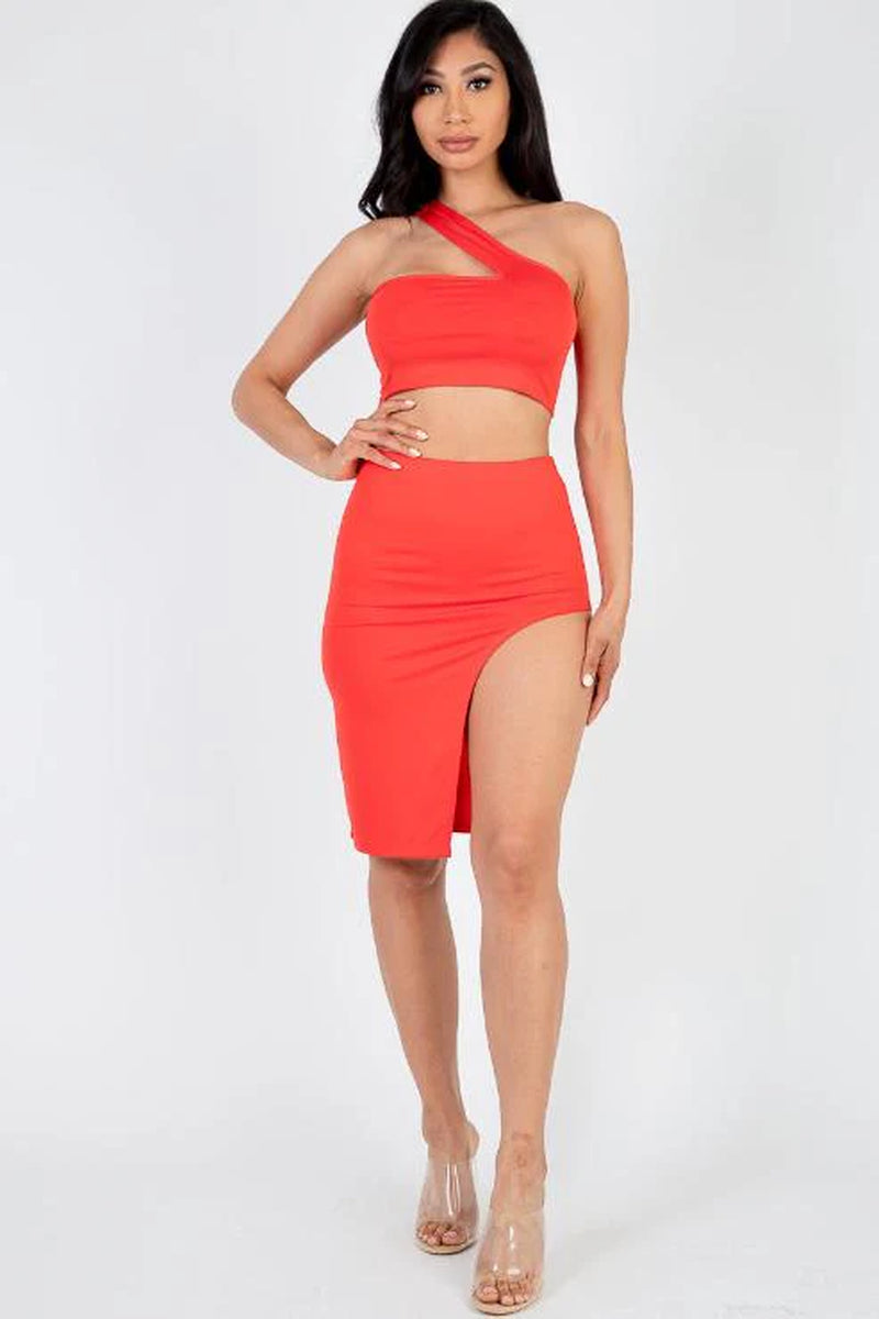 Sexy Solid One Shoulder Crop Top & Split Thigh Midi Skirt Set (CAPELLA) - Threads Underground