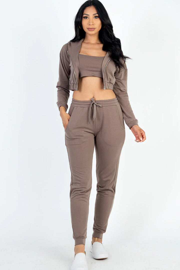 French Terry Cropped Cami with Zip-Up Jacket and Joggers Set (CAPELLA)