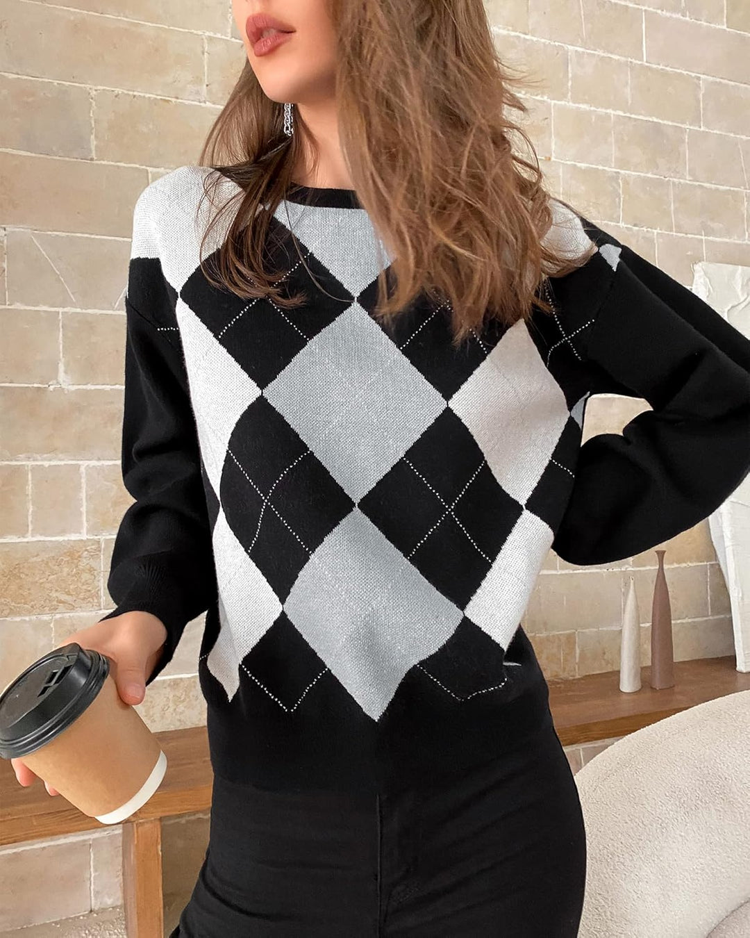 Women/Teen Girls Trendy Argyle Plaid/Heart Knitted Sweater Pullover Long Sleeve Soft Stretchy Winter Valentine *New Import*