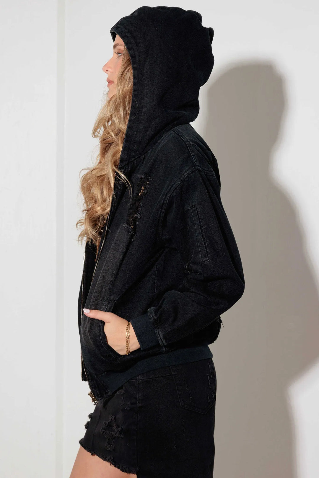 Black Sherpa-Lined Distressed Denim Hoodie Jacket - Threads Underground