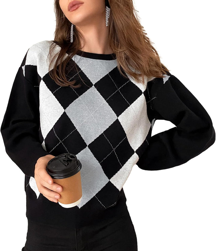 Women/Teen Girls Trendy Argyle Plaid/Heart Knitted Sweater Pullover Long Sleeve Soft Stretchy Winter Valentine *New Import*