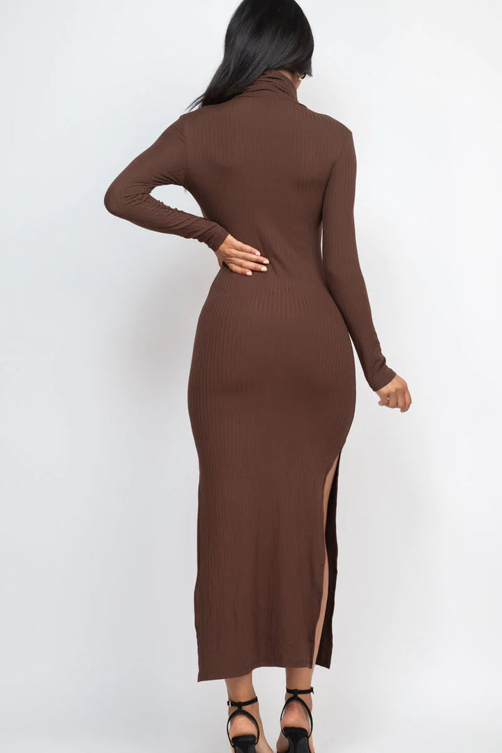 Ribbed Turtleneck Side Slit Maxi Dress (CAPELLA) - Threads Underground