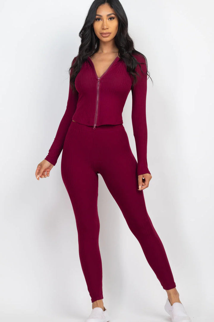 Ribbed Zip Front Long Sleeve Top & Leggings Set (CAPELLA) - Threads Underground