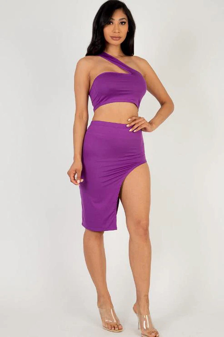 Sexy Solid One Shoulder Crop Top & Split Thigh Midi Skirt Set (CAPELLA) - Threads Underground