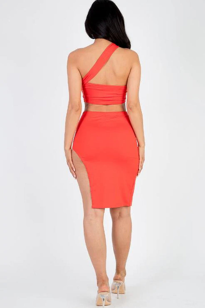 Sexy Solid One Shoulder Crop Top & Split Thigh Midi Skirt Set (CAPELLA) - Threads Underground