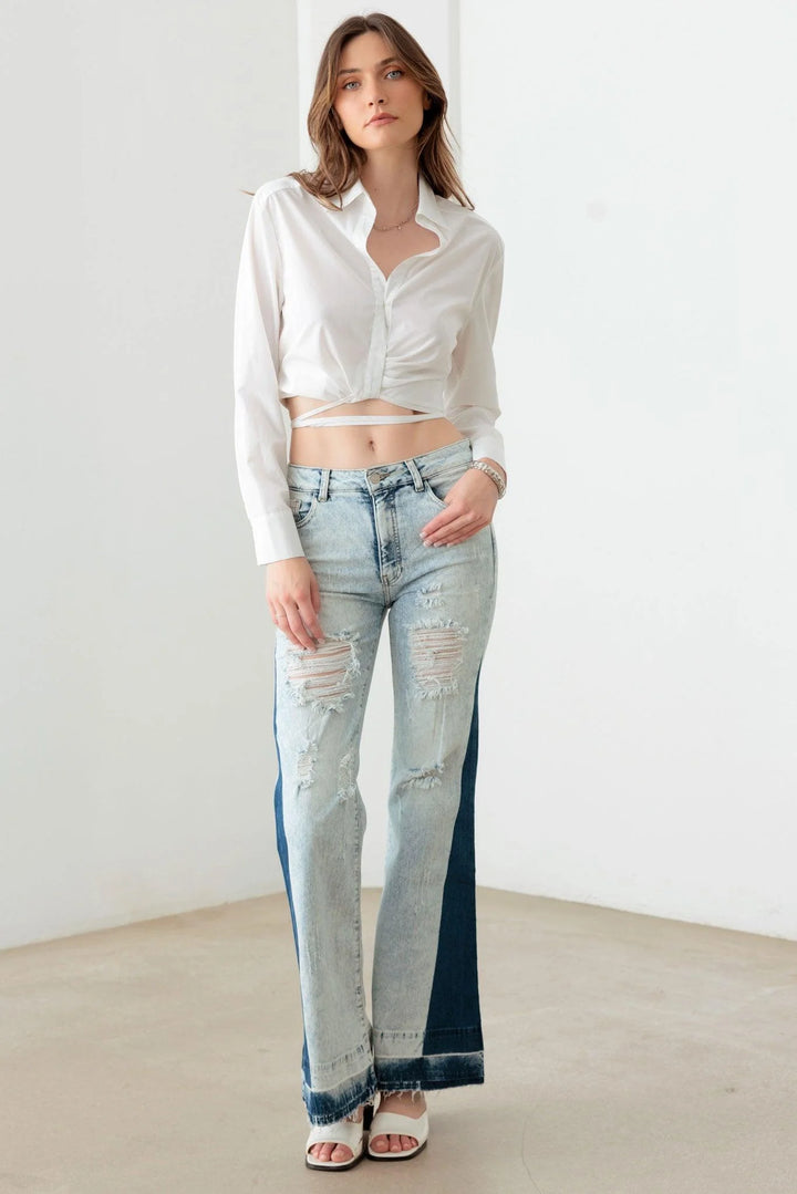 Tow Color Acid Wash Flare Denim Jeans *New Import*