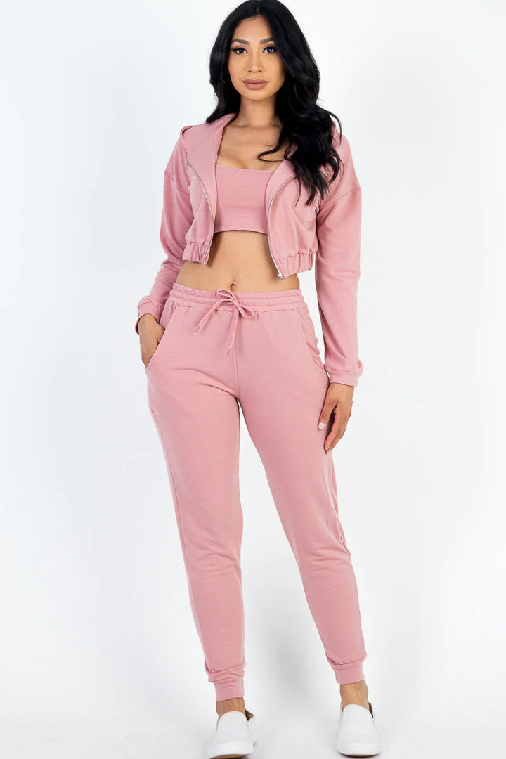 French Terry Cropped Cami with Zip-Up Jacket and Joggers Set (CAPELLA)