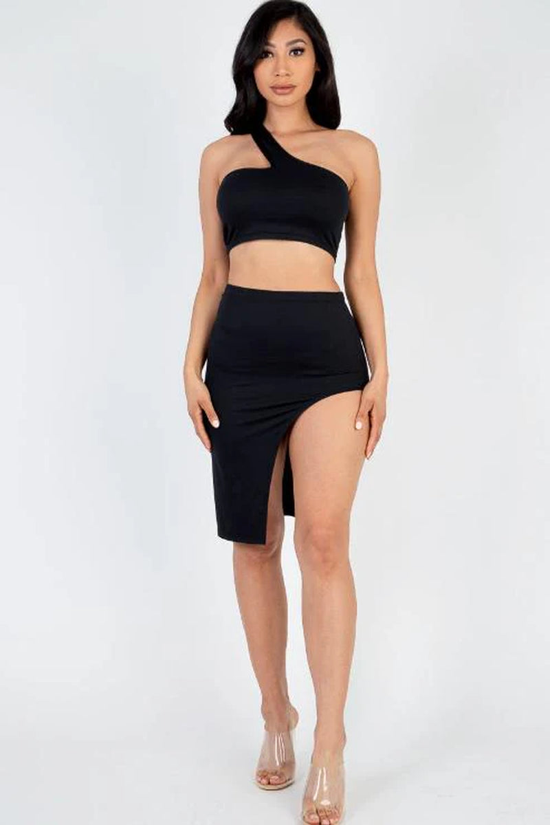 Sexy Solid One Shoulder Crop Top & Split Thigh Midi Skirt Set (CAPELLA) - Threads Underground