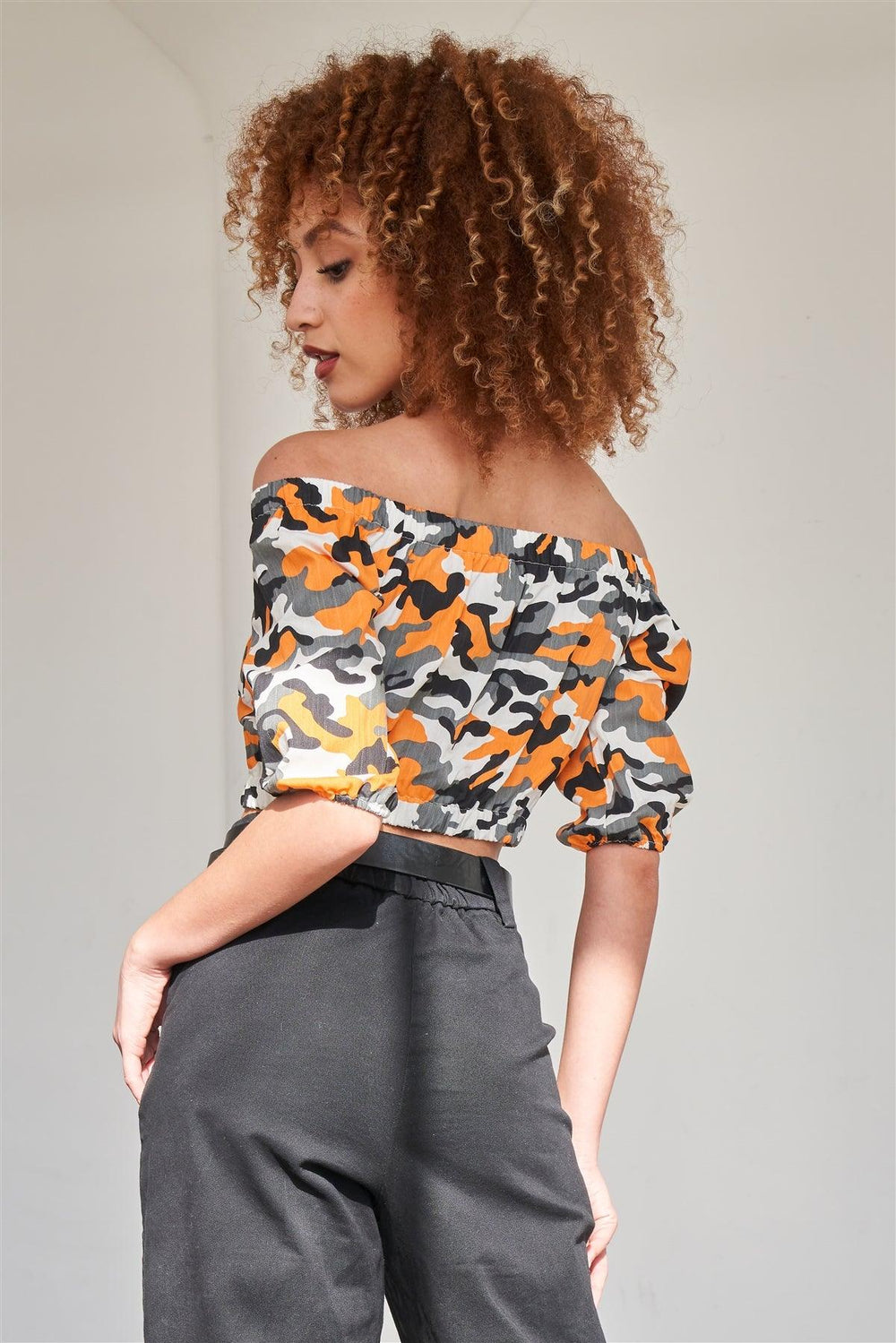 Orange Camo Print off the Shoulder Cargo Crop Top *New Import*