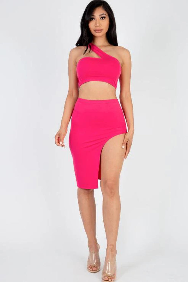 Sexy Solid One Shoulder Crop Top & Split Thigh Midi Skirt Set (CAPELLA) - Threads Underground