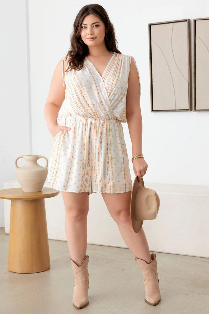 Plus Size Sleeveless Shoulder Ruching Abstract Romper *New Import* *New Import*