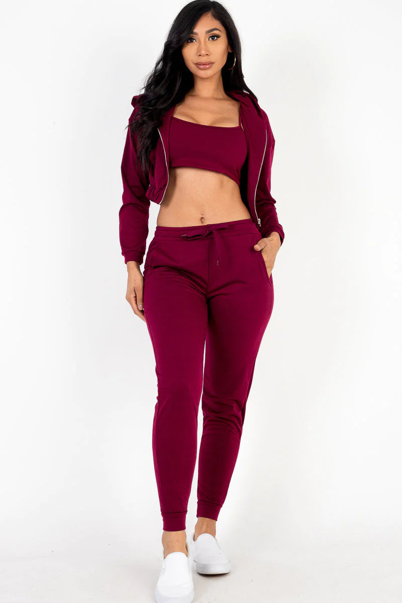 French Terry Cropped Cami with Zip-Up Jacket and Joggers Set (CAPELLA)