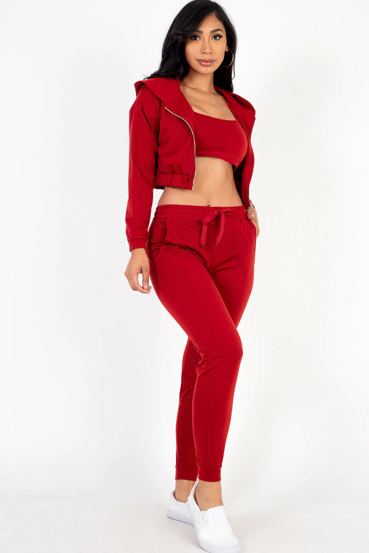 French Terry Cropped Cami with Zip-Up Jacket and Joggers Set (CAPELLA)