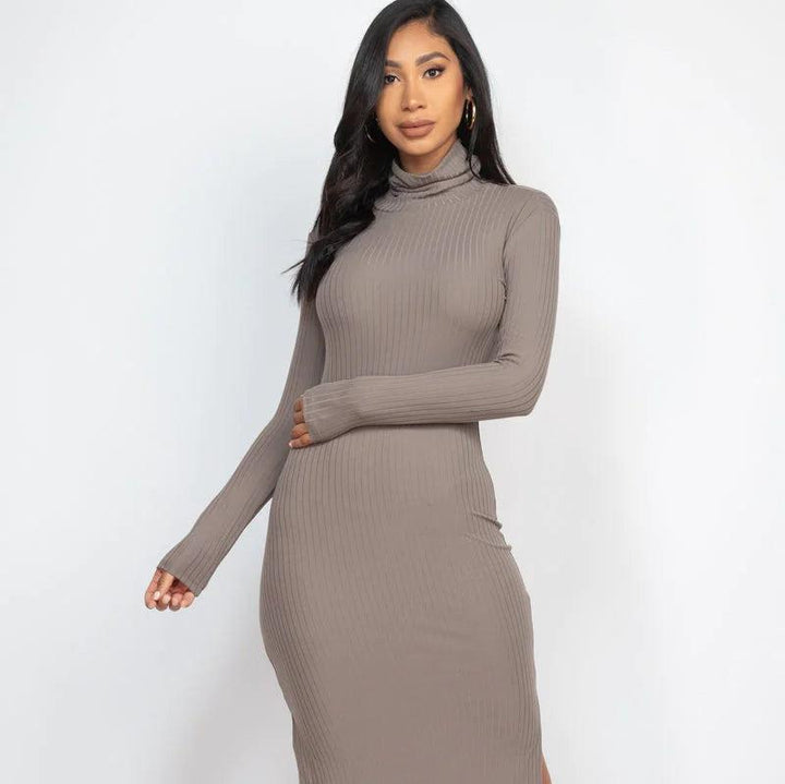 Ribbed Turtleneck Side Slit Maxi Dress (CAPELLA) - Threads Underground