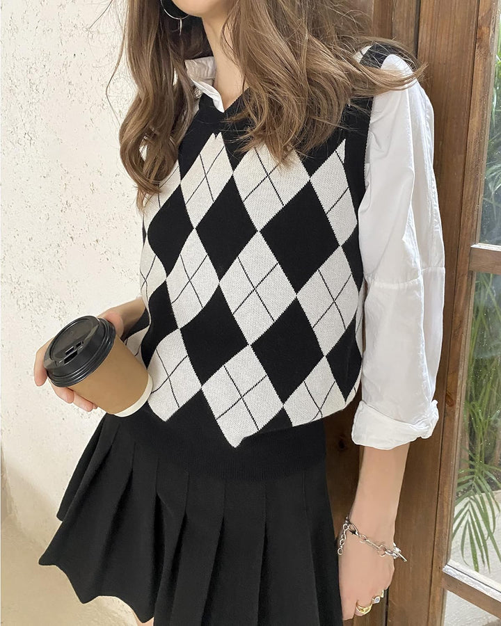 Trendy Argyle Knitted Sweater Vest Soft Comfy Houndstooth Sleeveless Fall Spring *New Import*