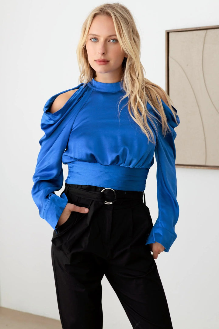 Satin Drape Sleeve Crop Cold Shoulder Top *New Import*