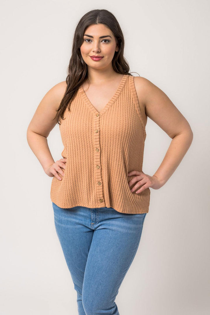 Plus Size Sleeveless V Neck Button down Knit Top *New Import*