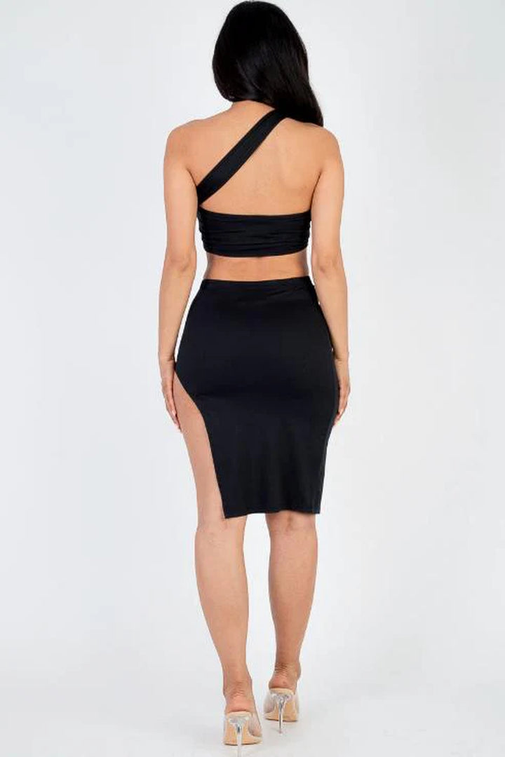 Sexy Solid One Shoulder Crop Top & Split Thigh Midi Skirt Set (CAPELLA) - Threads Underground