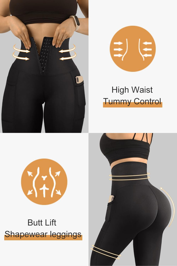 Women Corset High Waisted Leggings with Pockets Tummy Control Body Shaper Yoga Pants *New Import*