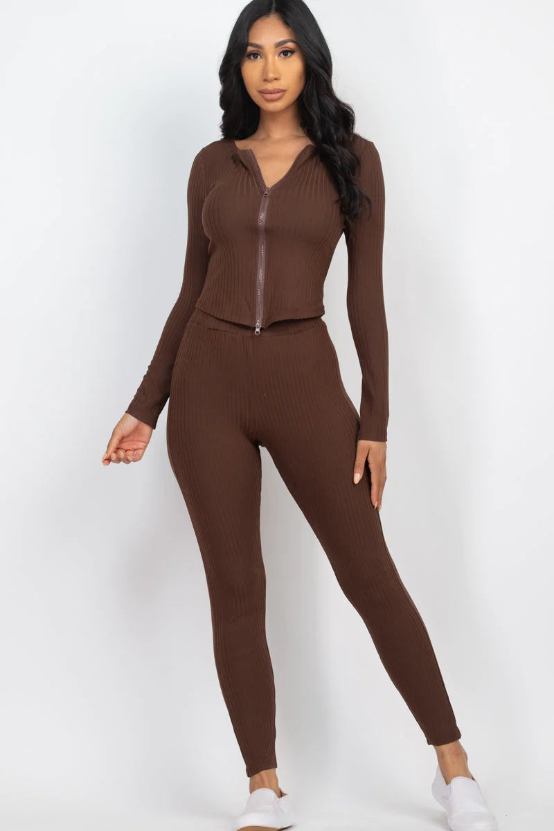 Ribbed Zip Front Long Sleeve Top & Leggings Set (CAPELLA) - Threads Underground