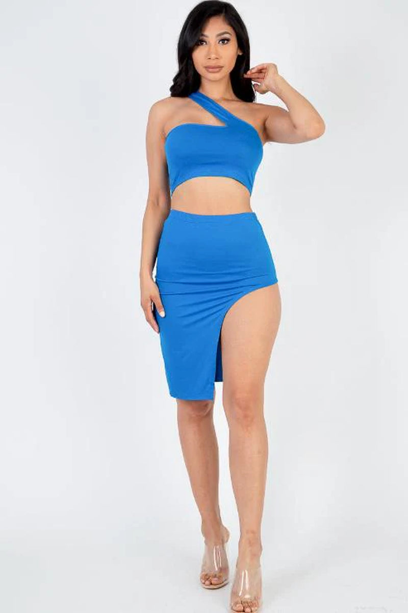 Sexy Solid One Shoulder Crop Top & Split Thigh Midi Skirt Set (CAPELLA) - Threads Underground