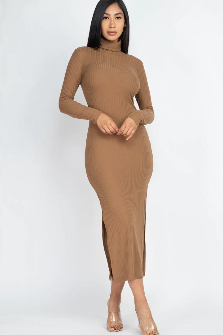 Ribbed Turtleneck Side Slit Maxi Dress (CAPELLA) - Threads Underground