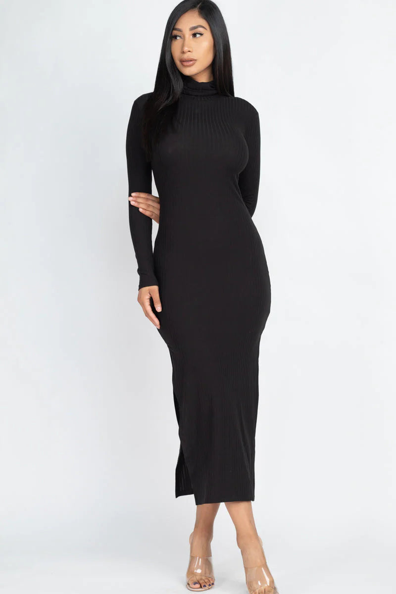 Ribbed Turtleneck Side Slit Maxi Dress (CAPELLA) - Threads Underground