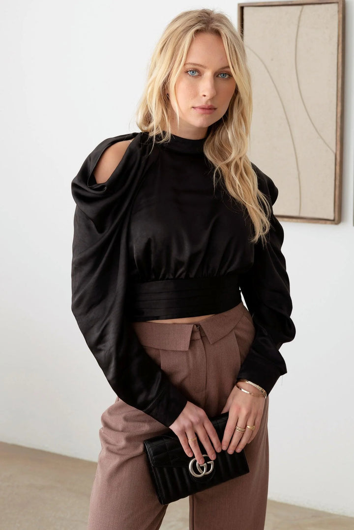 Satin Drape Sleeve Crop Cold Shoulder Top *New Import*