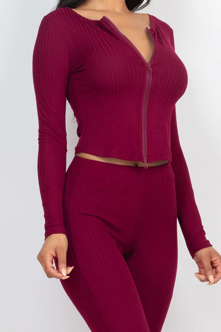 Ribbed Zip Front Long Sleeve Top & Leggings Set (CAPELLA) - Threads Underground