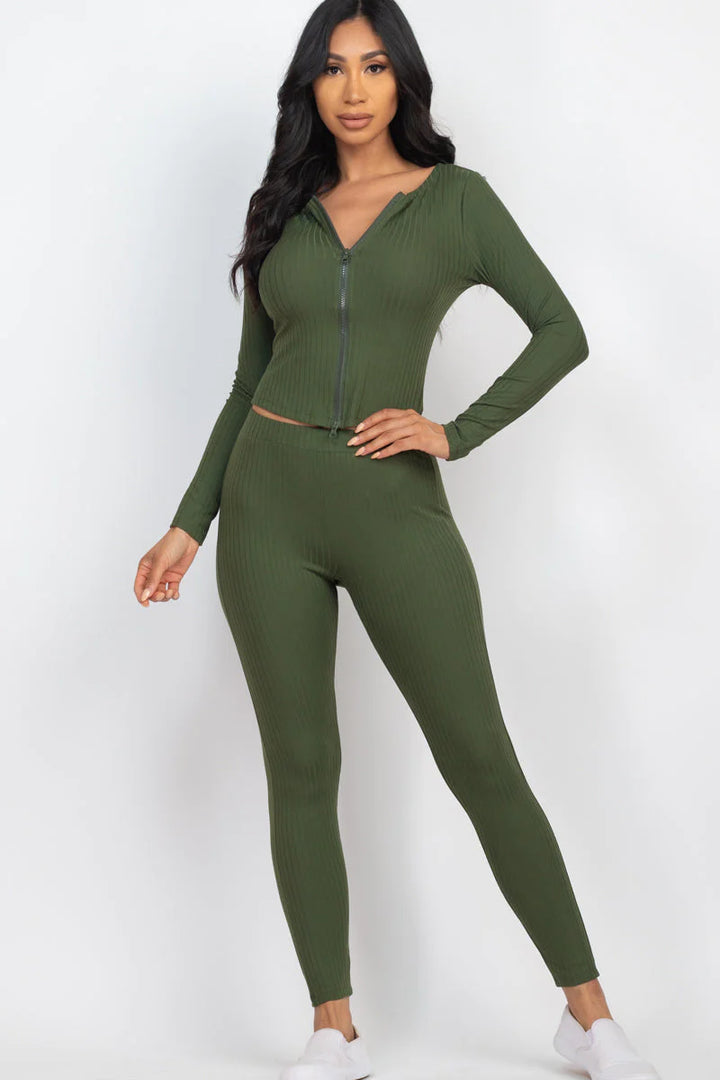 Ribbed Zip Front Long Sleeve Top & Leggings Set (CAPELLA) - Threads Underground