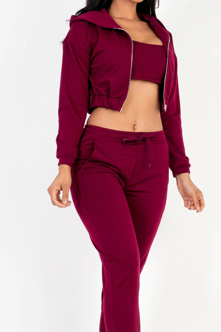 French Terry Cropped Cami with Zip-Up Jacket and Joggers Set (CAPELLA)