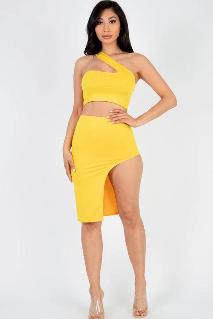 Sexy Solid One Shoulder Crop Top & Split Thigh Midi Skirt Set (CAPELLA) - Threads Underground