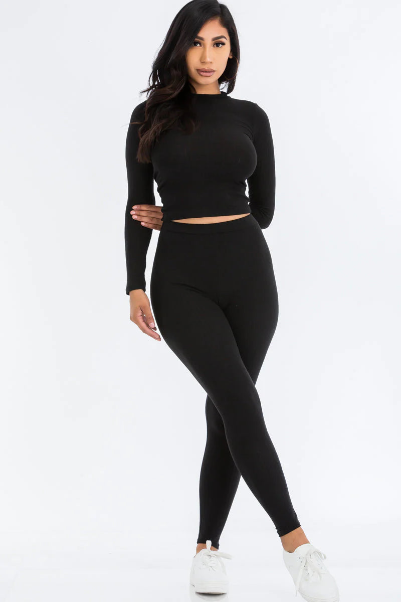 Ribbed Mock Neck Long Sleeve Top & Leggings Set (CAPELLA) - Threads Underground