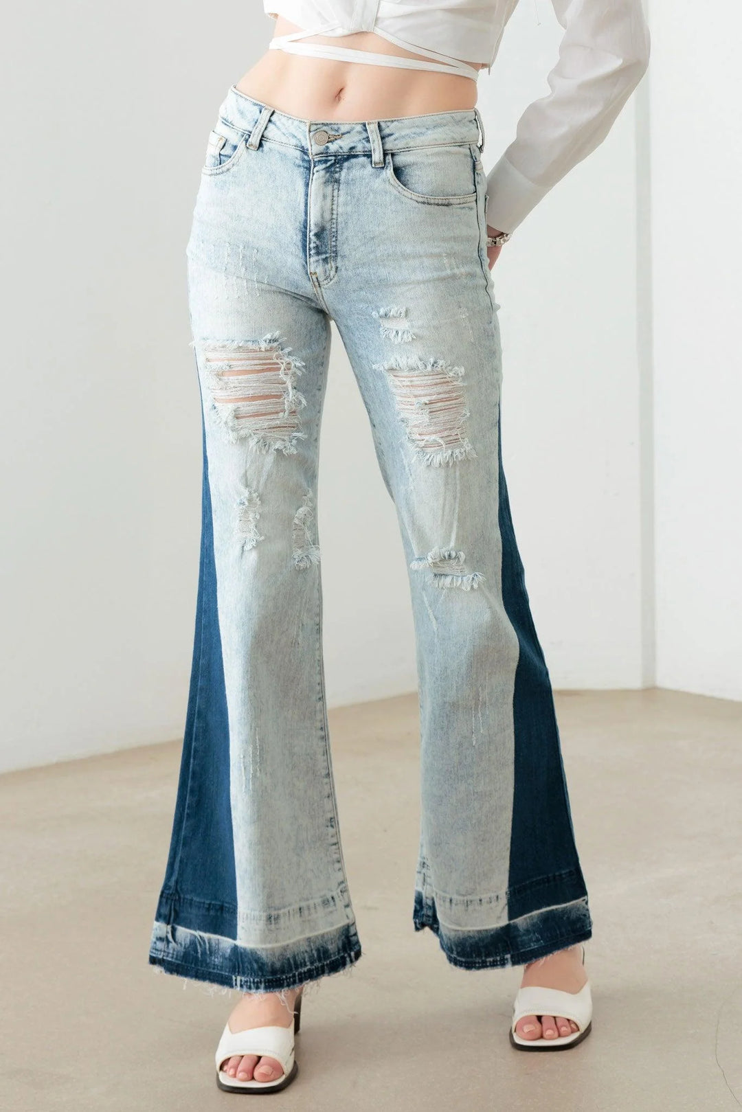 Tow Color Acid Wash Flare Denim Jeans *New Import*