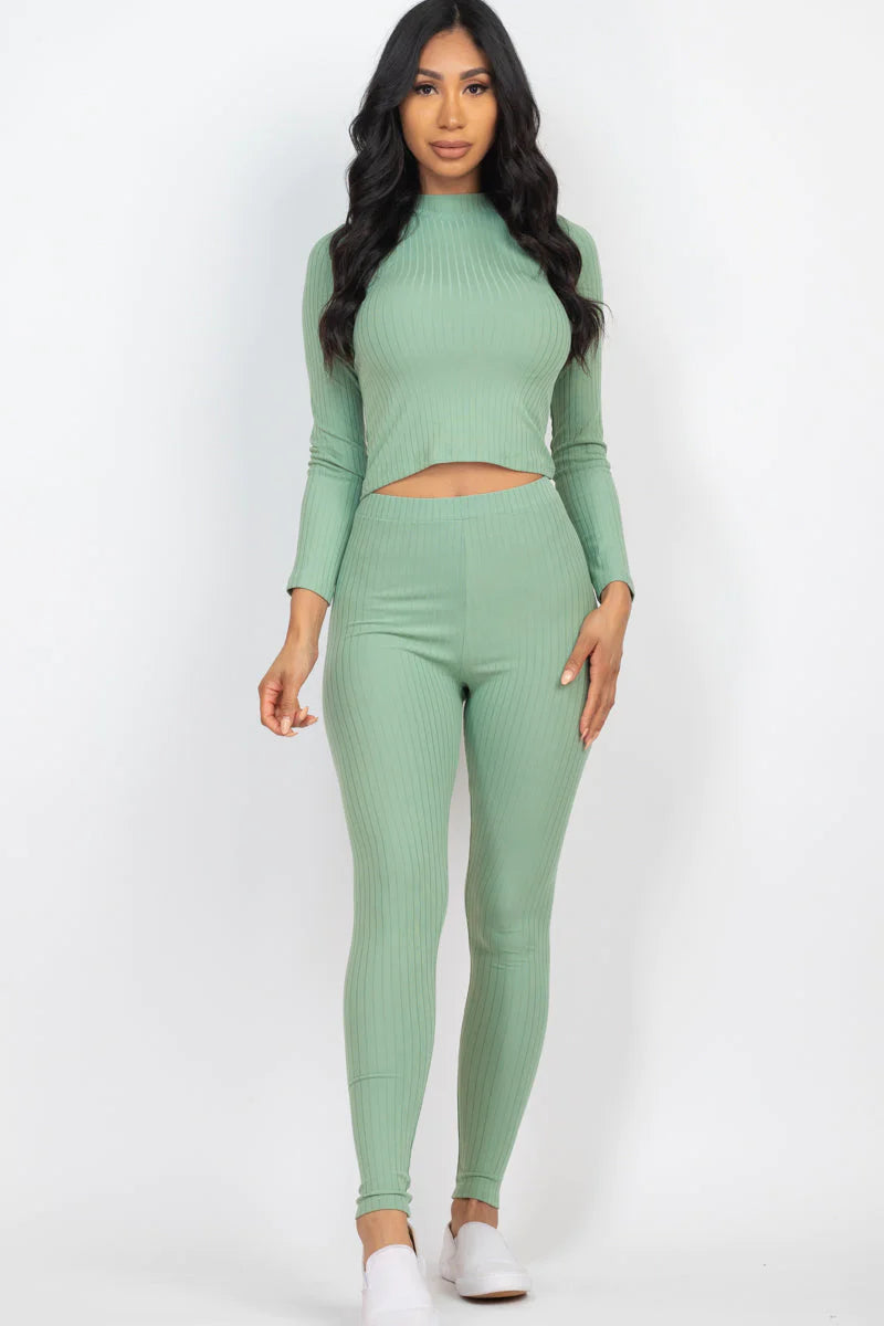 Ribbed Mock Neck Long Sleeve Top & Leggings Set (CAPELLA) - Threads Underground