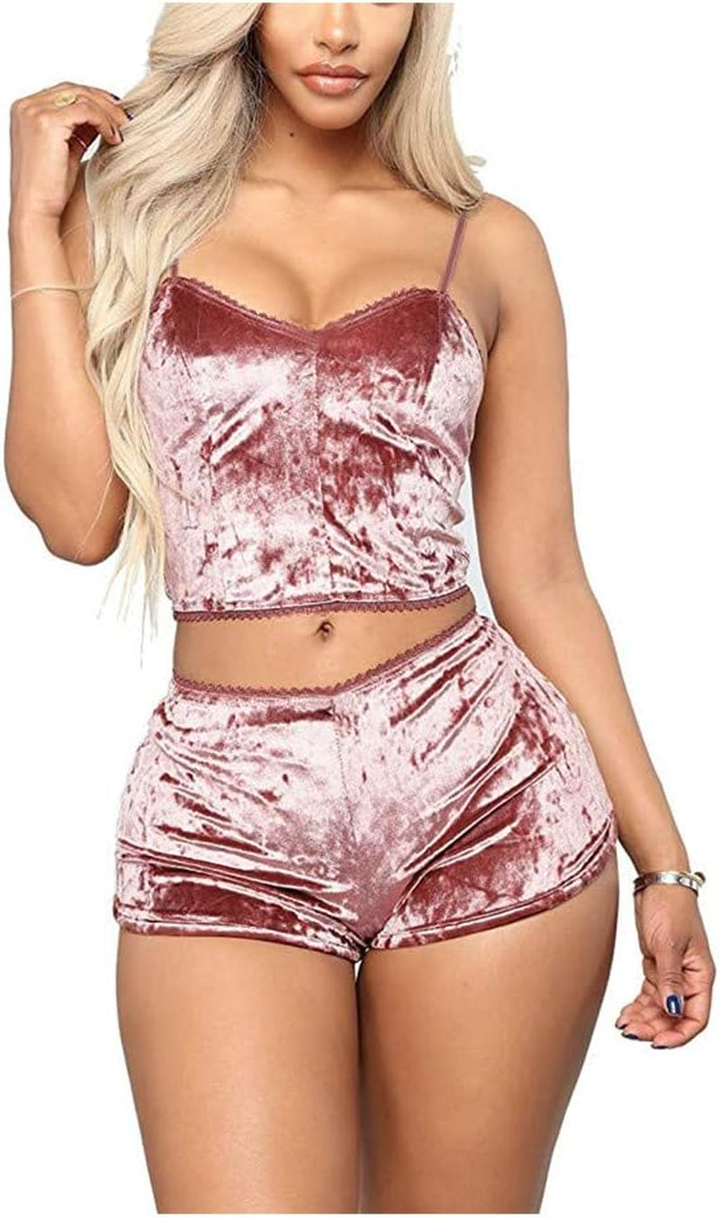 Women'S Velvet 2 Piece Outfit Spaghetti Strap Sleeveless Crop Top Camisole and Shorts Pajamas Set Sleepwear Nightwear *New Import*