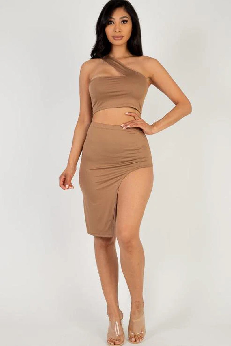 Sexy Solid One Shoulder Crop Top & Split Thigh Midi Skirt Set (CAPELLA) - Threads Underground