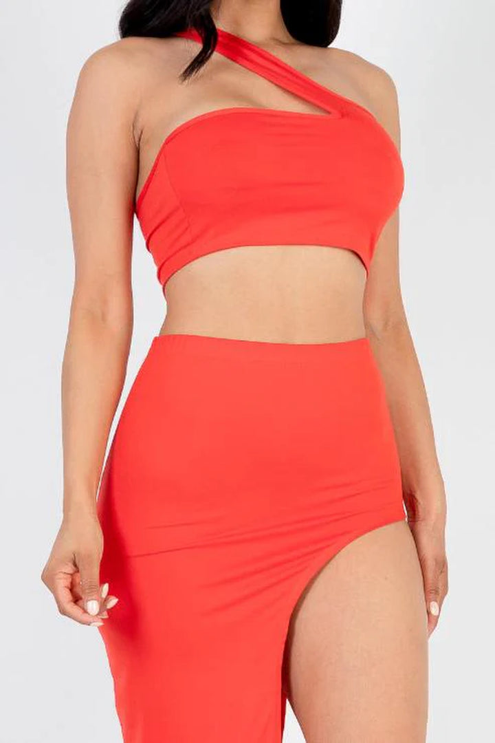 Sexy Solid One Shoulder Crop Top & Split Thigh Midi Skirt Set (CAPELLA) - Threads Underground