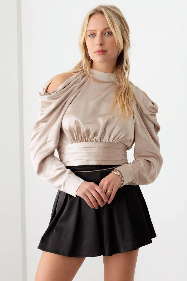 Satin Drape Sleeve Crop Cold Shoulder Top *New Import*