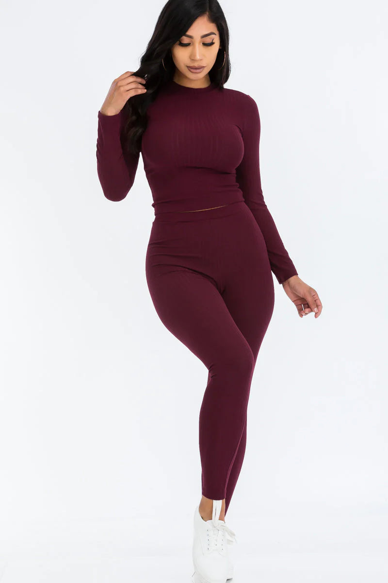 Ribbed Mock Neck Long Sleeve Top & Leggings Set (CAPELLA) - Threads Underground