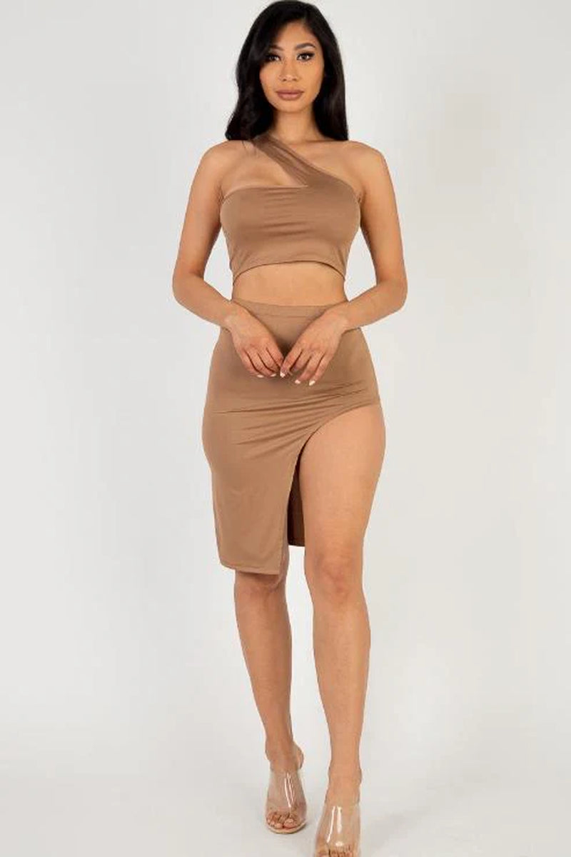 Sexy Solid One Shoulder Crop Top & Split Thigh Midi Skirt Set (CAPELLA) - Threads Underground