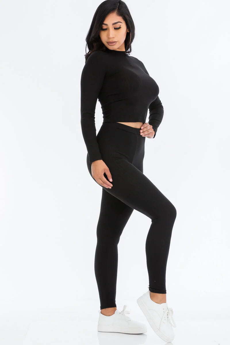 Ribbed Mock Neck Long Sleeve Top & Leggings Set (CAPELLA) - Threads Underground