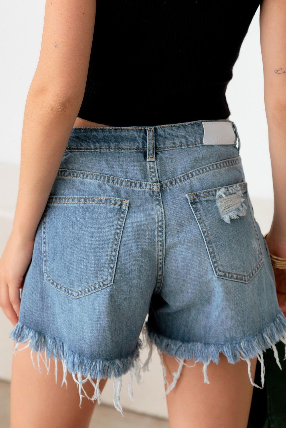 Blue Mid Waist Side Slit Destroyed Denim Shorts *New Import* *New Import*