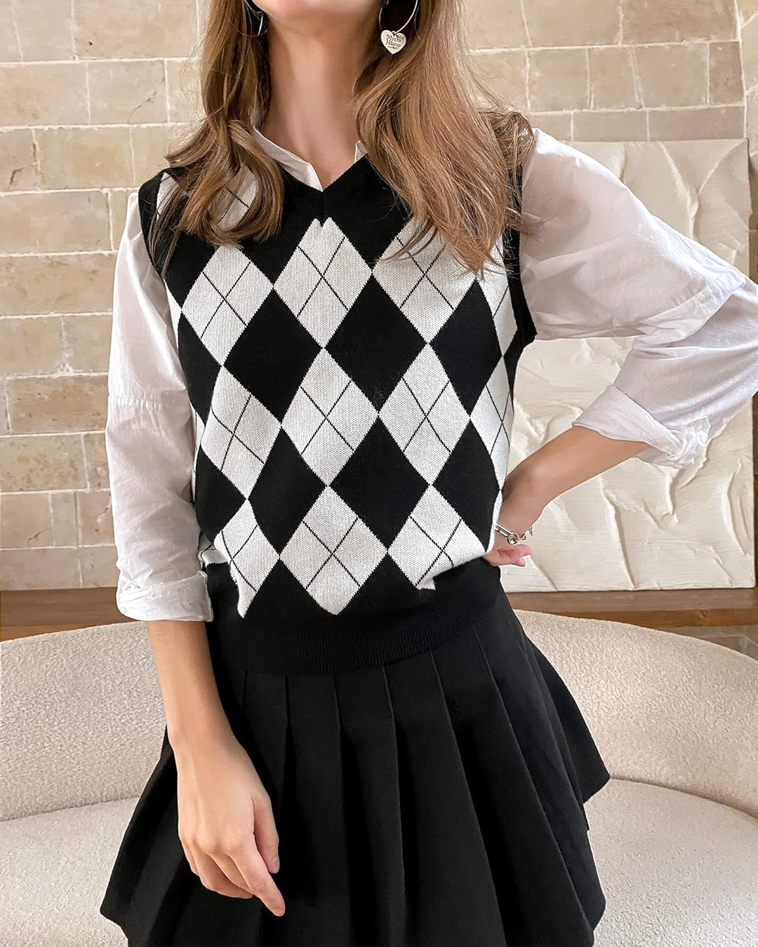 Trendy Argyle Knitted Sweater Vest Soft Comfy Houndstooth Sleeveless Fall Spring *New Import*