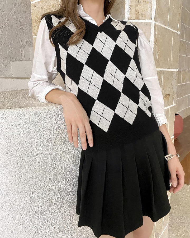 Trendy Argyle Knitted Sweater Vest Soft Comfy Houndstooth Sleeveless Fall Spring *New Import*