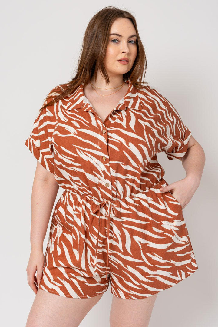 Plus Size Roll-Up Sleeve Button down Abstract Print Romper *New Import* *New Import*