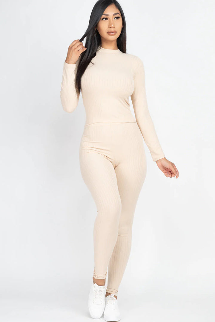 Ribbed Mock Neck Long Sleeve Top & Leggings Set (CAPELLA) - Threads Underground