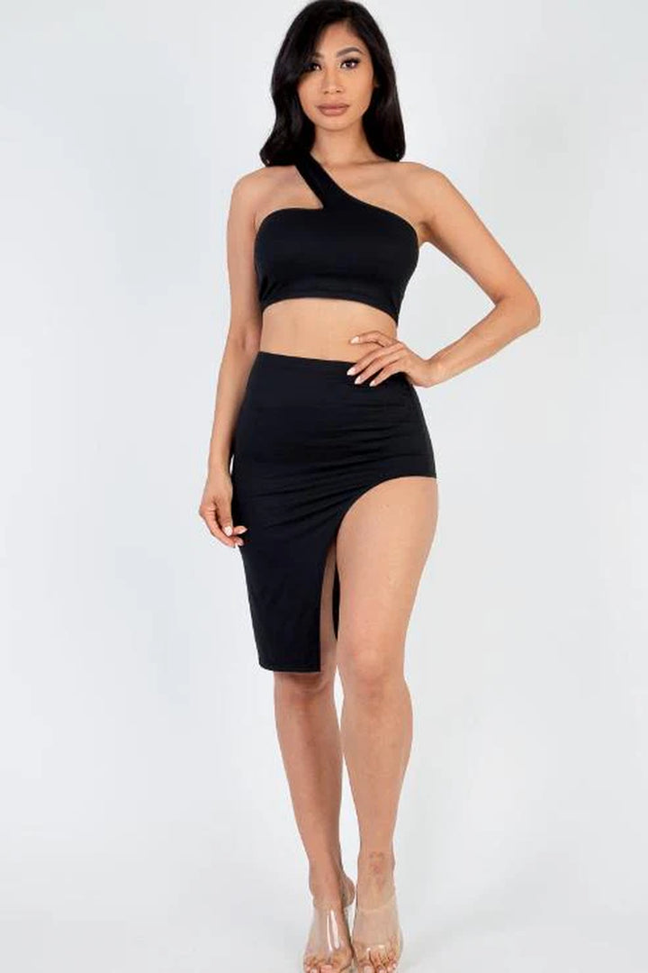 Sexy Solid One Shoulder Crop Top & Split Thigh Midi Skirt Set (CAPELLA) - Threads Underground