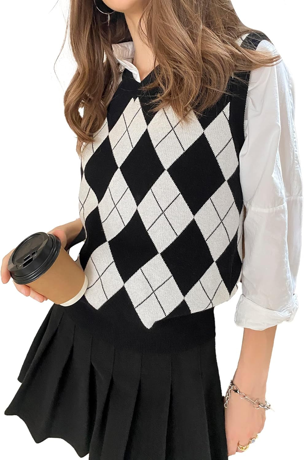 Trendy Argyle Knitted Sweater Vest Soft Comfy Houndstooth Sleeveless Fall Spring *New Import*