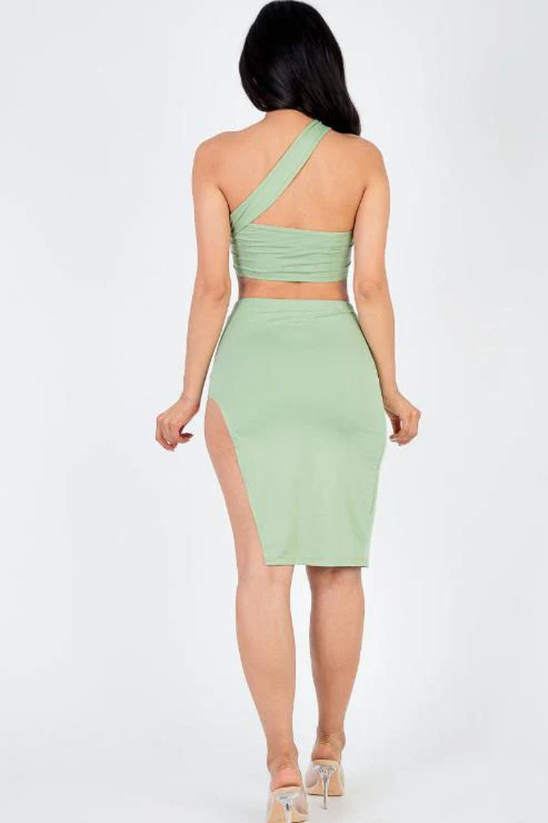 Sexy Solid One Shoulder Crop Top & Split Thigh Midi Skirt Set (CAPELLA) - Threads Underground